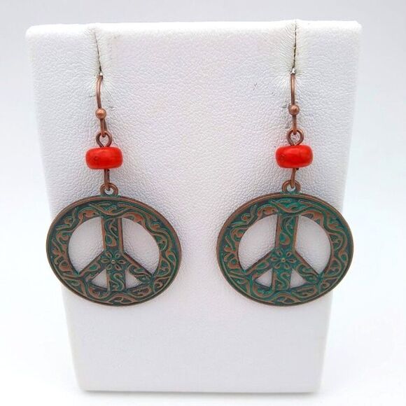 Peace Sign Filigree Patina Earrings - Picture 2 of 4